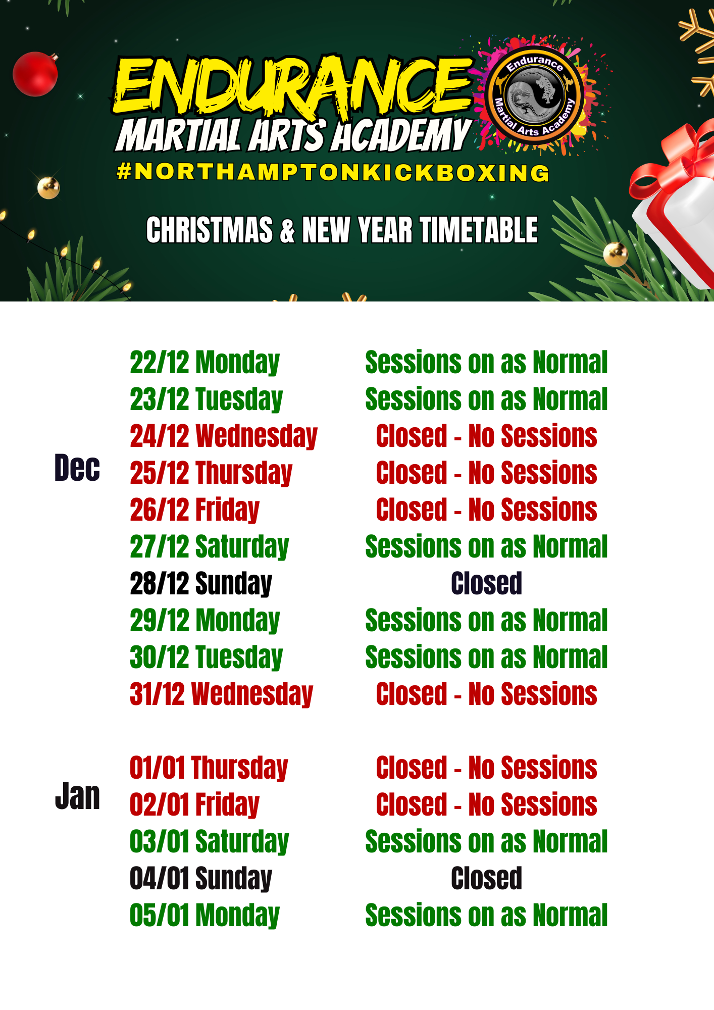 Christmas & New Year Opening Hours